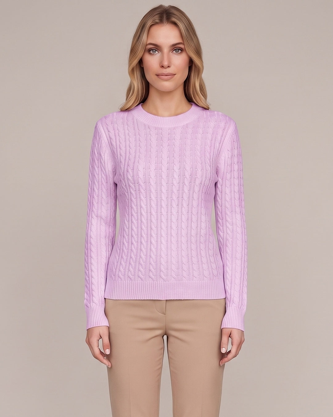 Kabelstriktrøje til dame i lilla