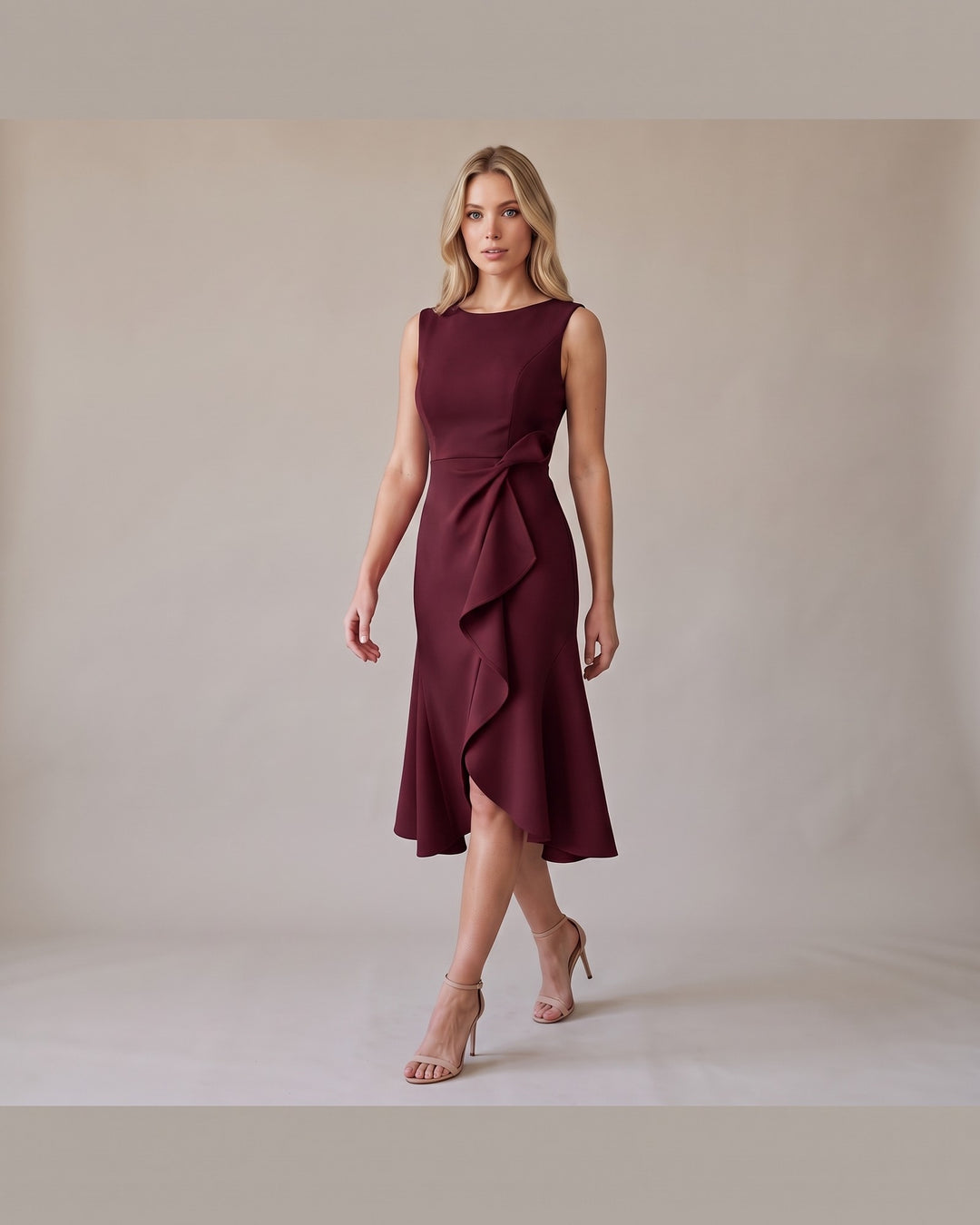 Model i Draperet Asymmetrisk Midikjole - Elegant Look - Bordeaux