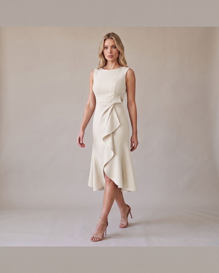 Model i Draperet Asymmetrisk Midikjole - Elegant Look - Fløde