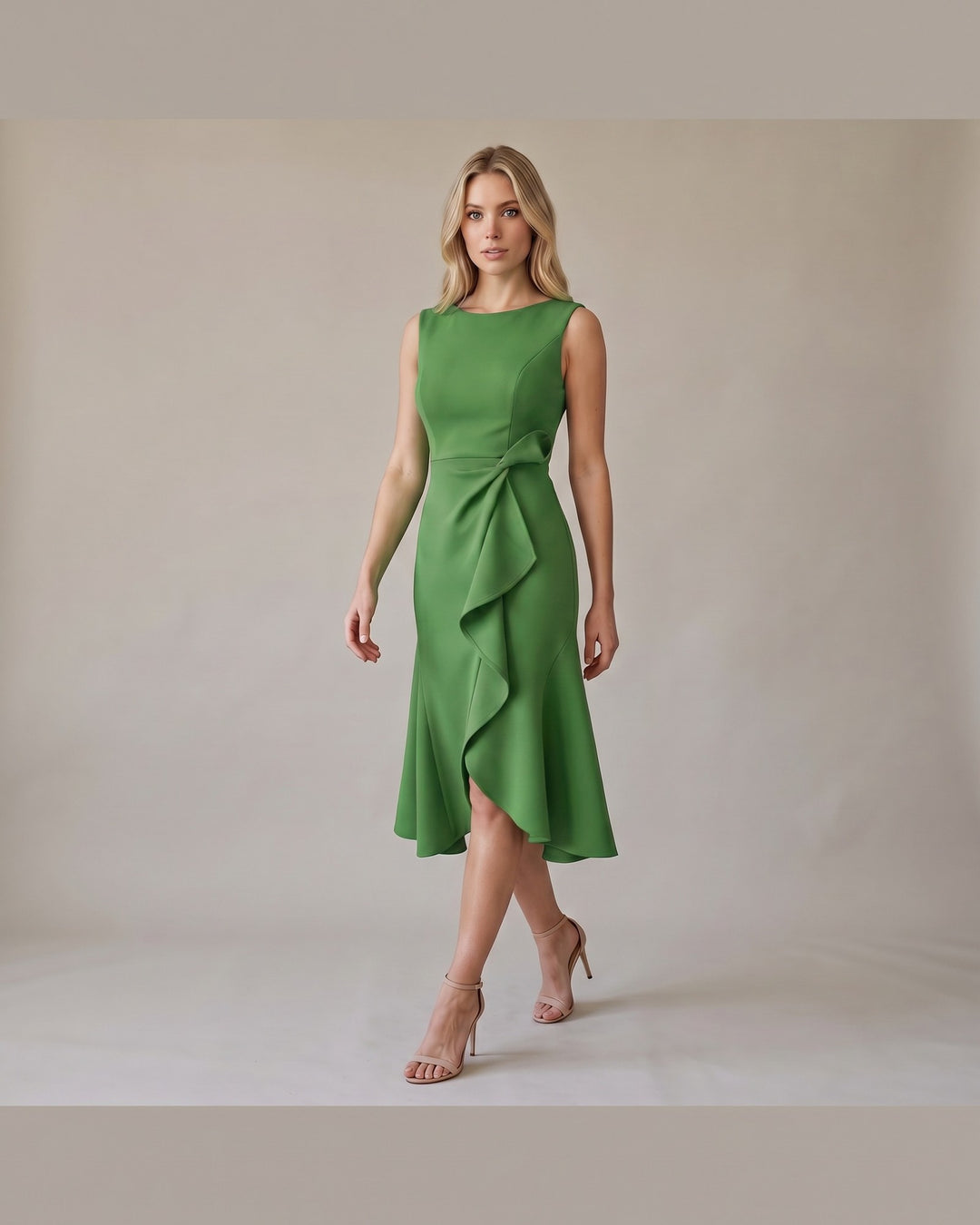 Model i Draperet Asymmetrisk Midikjole - Elegant Look - Grøn