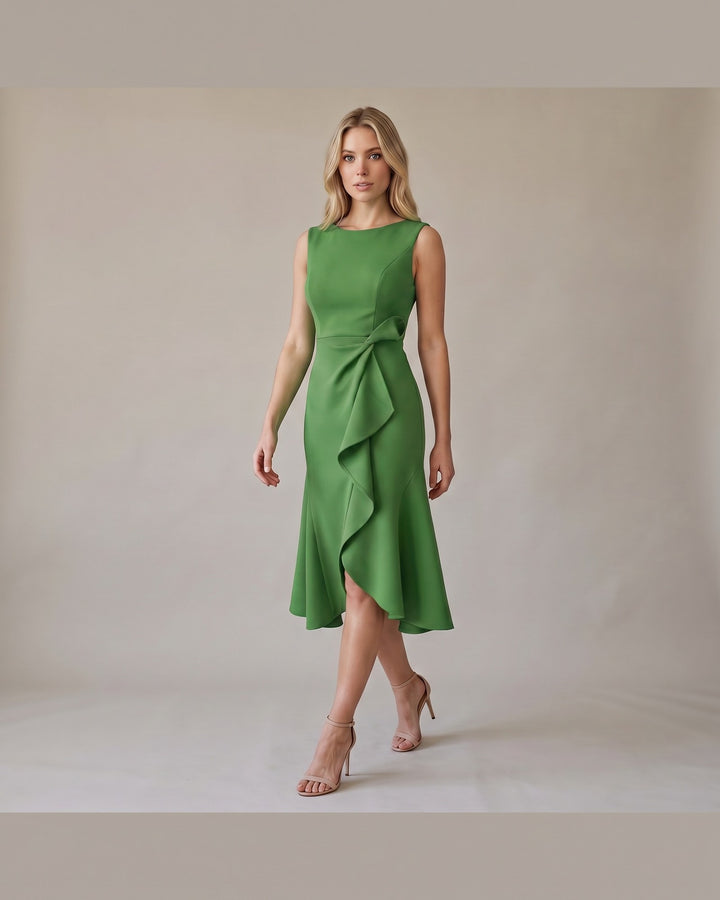 Model i Draperet Asymmetrisk Midikjole - Elegant Look - Grøn