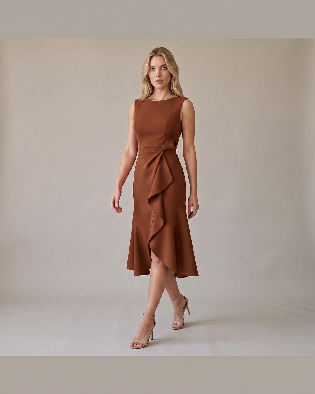 Model i Draperet Asymmetrisk Midikjole - Elegant Look - Kaffe
