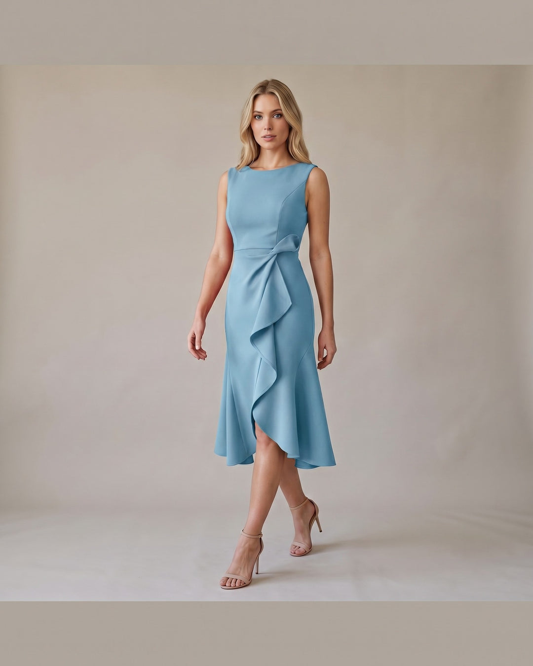 Model i Draperet Asymmetrisk Midikjole - Elegant Look - Lys Blå