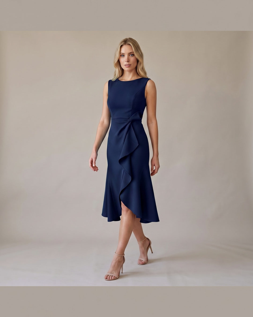 Model i Draperet Asymmetrisk Midikjole - Elegant Look - Marineblå