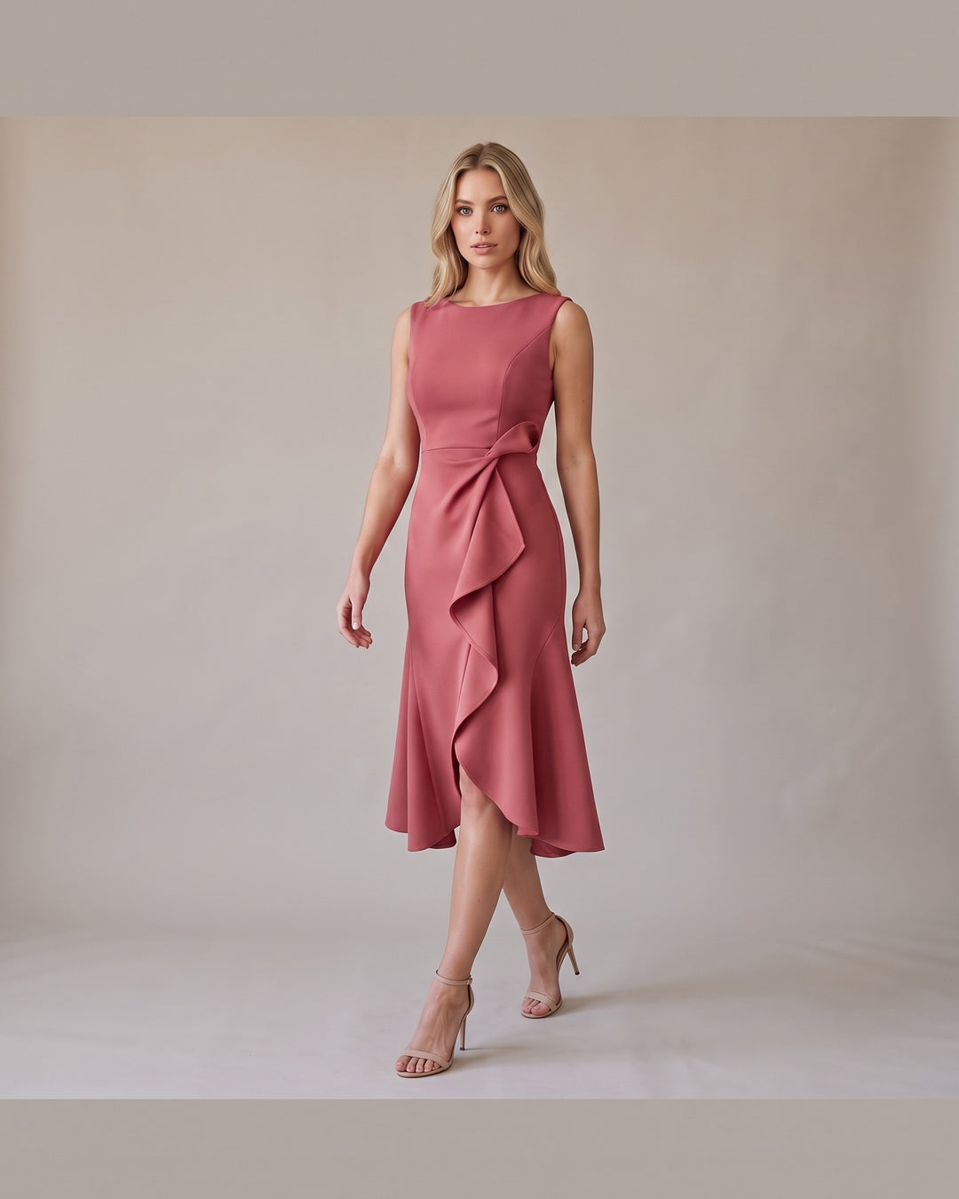 Model i Draperet Asymmetrisk Midikjole - Elegant Look - Pink