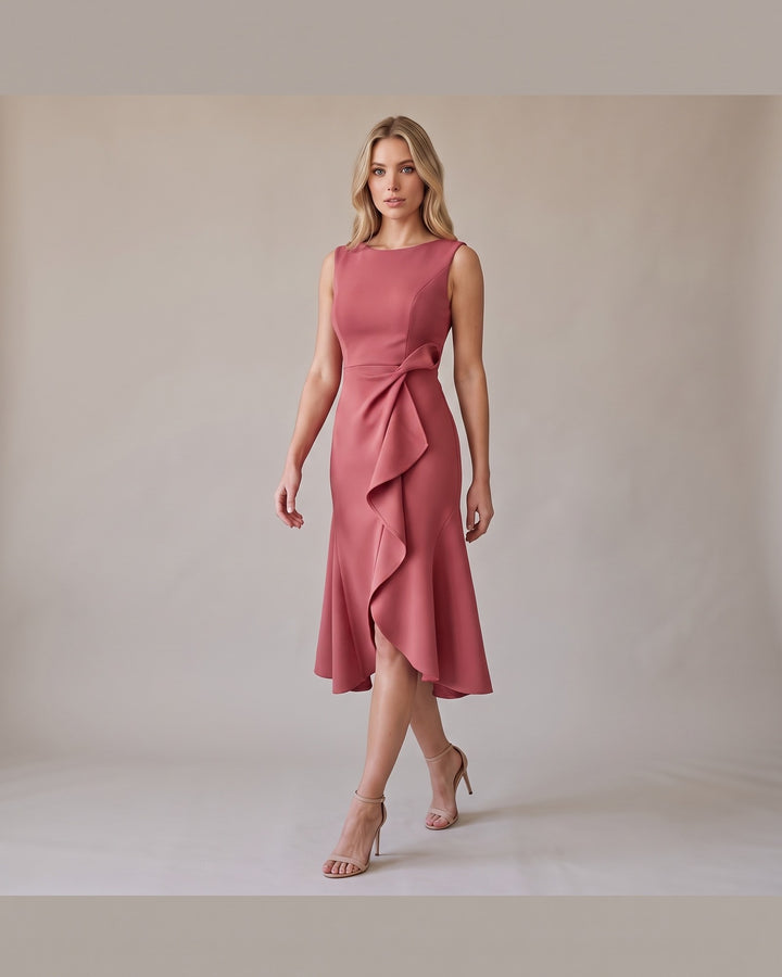 Model i Draperet Asymmetrisk Midikjole - Elegant Look - Pink