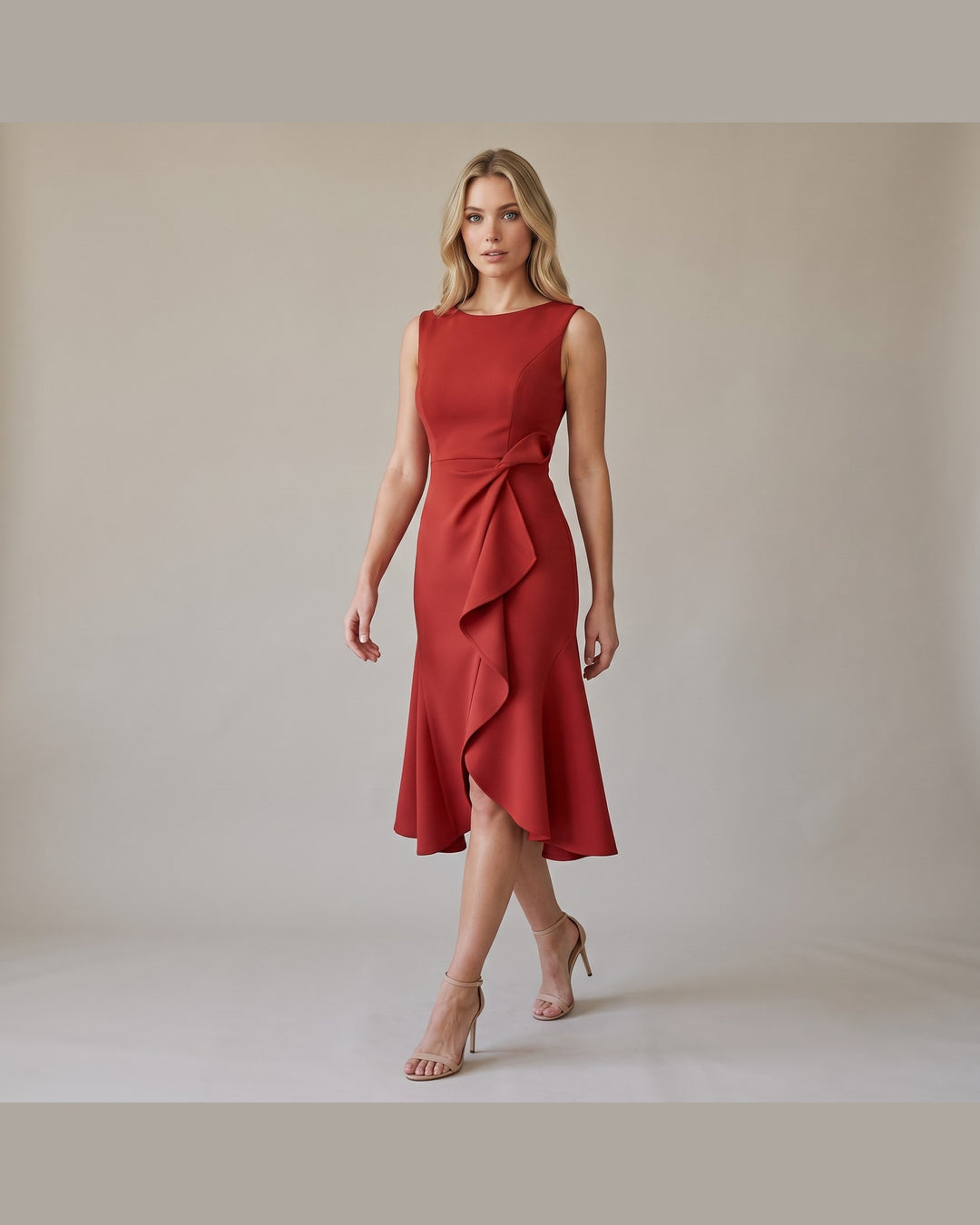 Model i Draperet Asymmetrisk Midikjole - Elegant Look
