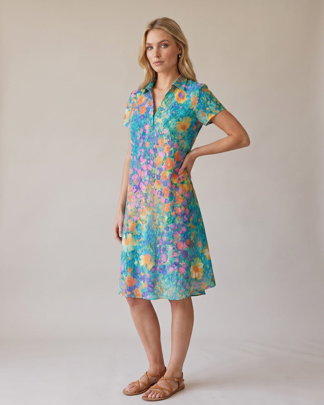 Model i multifarvet Boho Chic sommerkjole - skraat