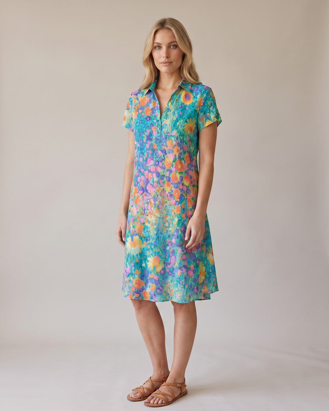Model i multifarvet Boho Chic sommerkjole - forfra