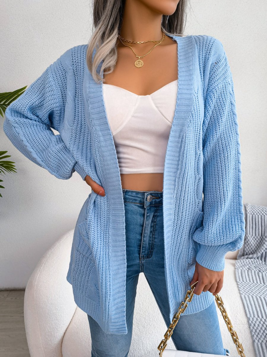 Oversized Kabelstrikket Cardigan Dame med Lommer - Åben Front i blå