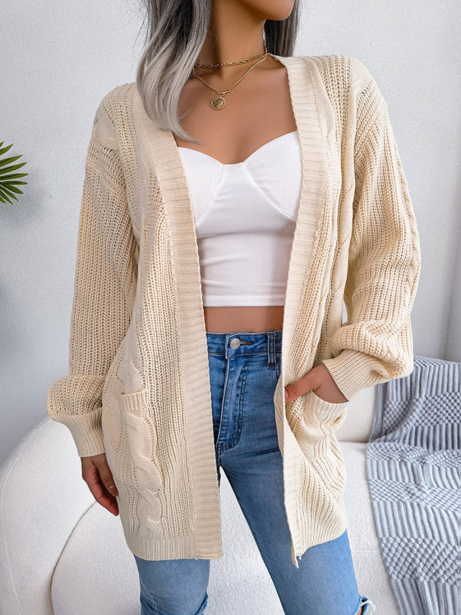 Oversized Kabelstrikket Cardigan Dame med Lommer - Åben Front i beige